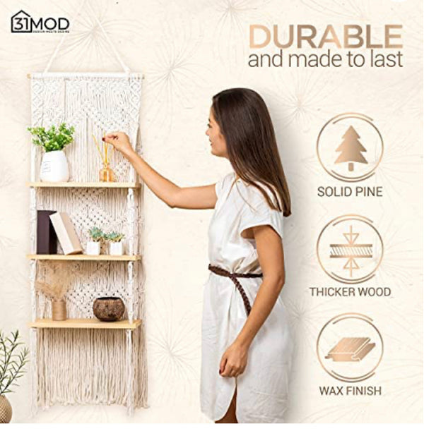 Macrame Wall Hanging Shelf - 3-Tier Macrame Shelf with Enhanced Solid Wood Shelves - Christina’s unique boutique LLC
