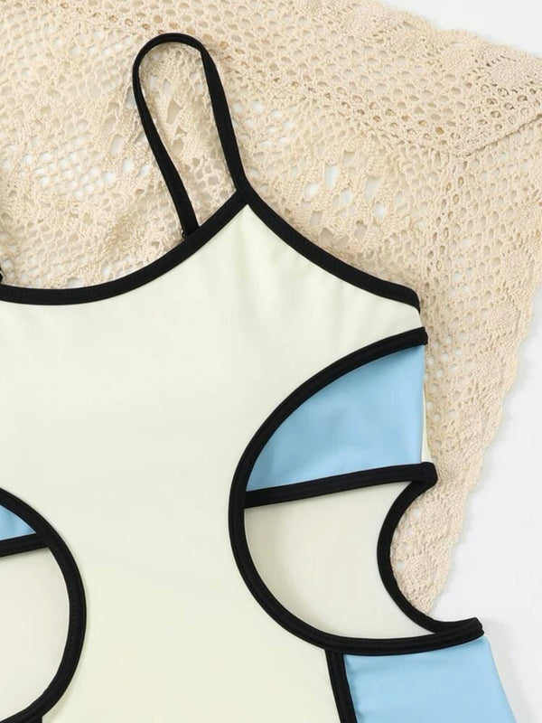 Teen girls color block cut out contrast binding one piece swimsuit