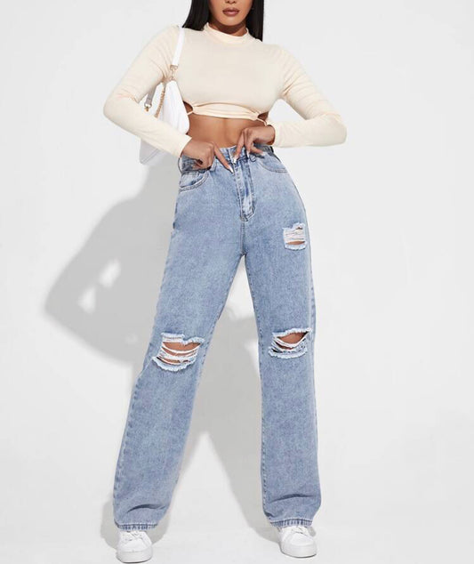 High waist ripped frayed straight leg jeans