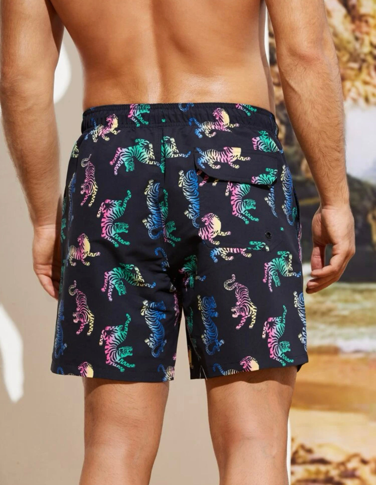 Men’s Tiger print drawstring waist swim trunks