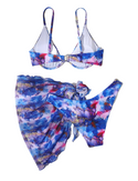Women's 3 Piece Tie Dye Underwire Bikini Set Swimsuit and Cover Up Beach Skirt. Azure blue