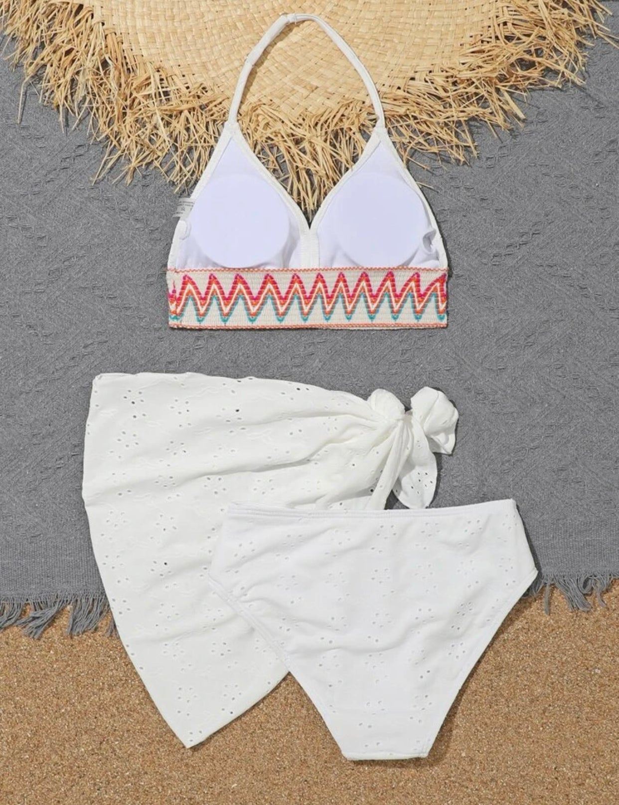 Girls 3 piece chevron print eyelet embroidered halter bikini swimsuit with cover up
