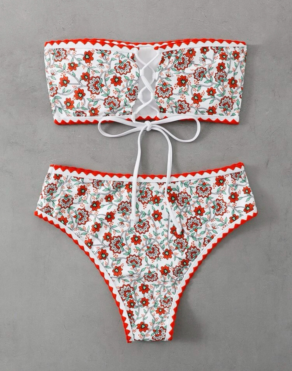 Floral print contrast binding bandeau bikini swimsuit