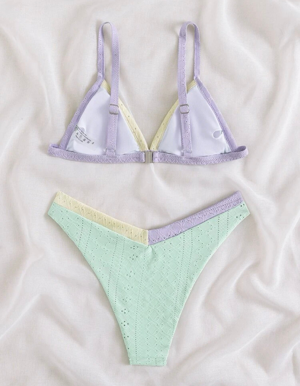 Colorblock eyelet embroidered micro triangle bikini swimsuit