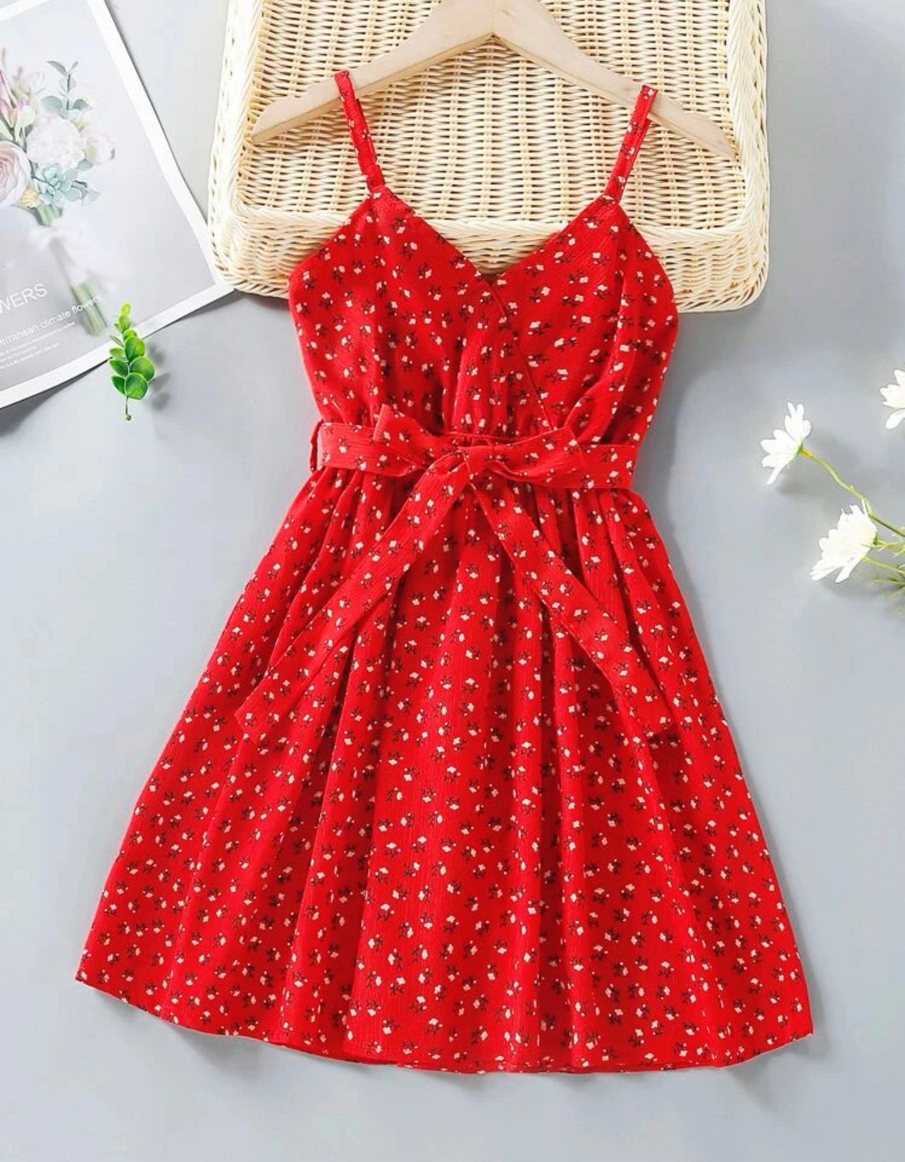 Girls Ditsy Floral Self Tie Cami Dress