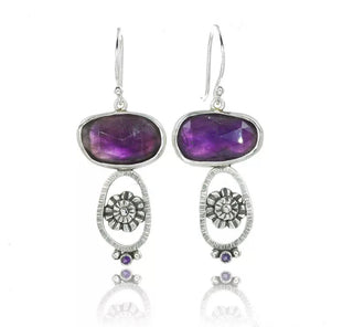 Boho 925 silver plated purple amethyst floral design dangle earrings