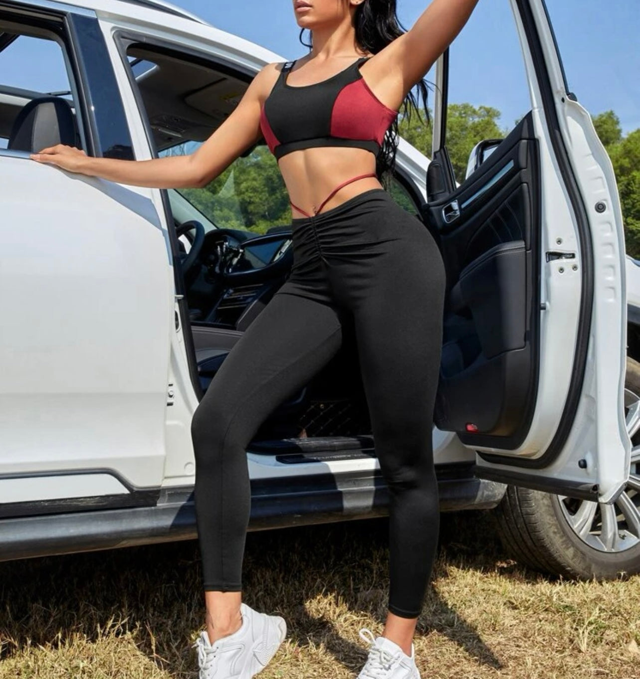 Color block drawstring tie back sports set