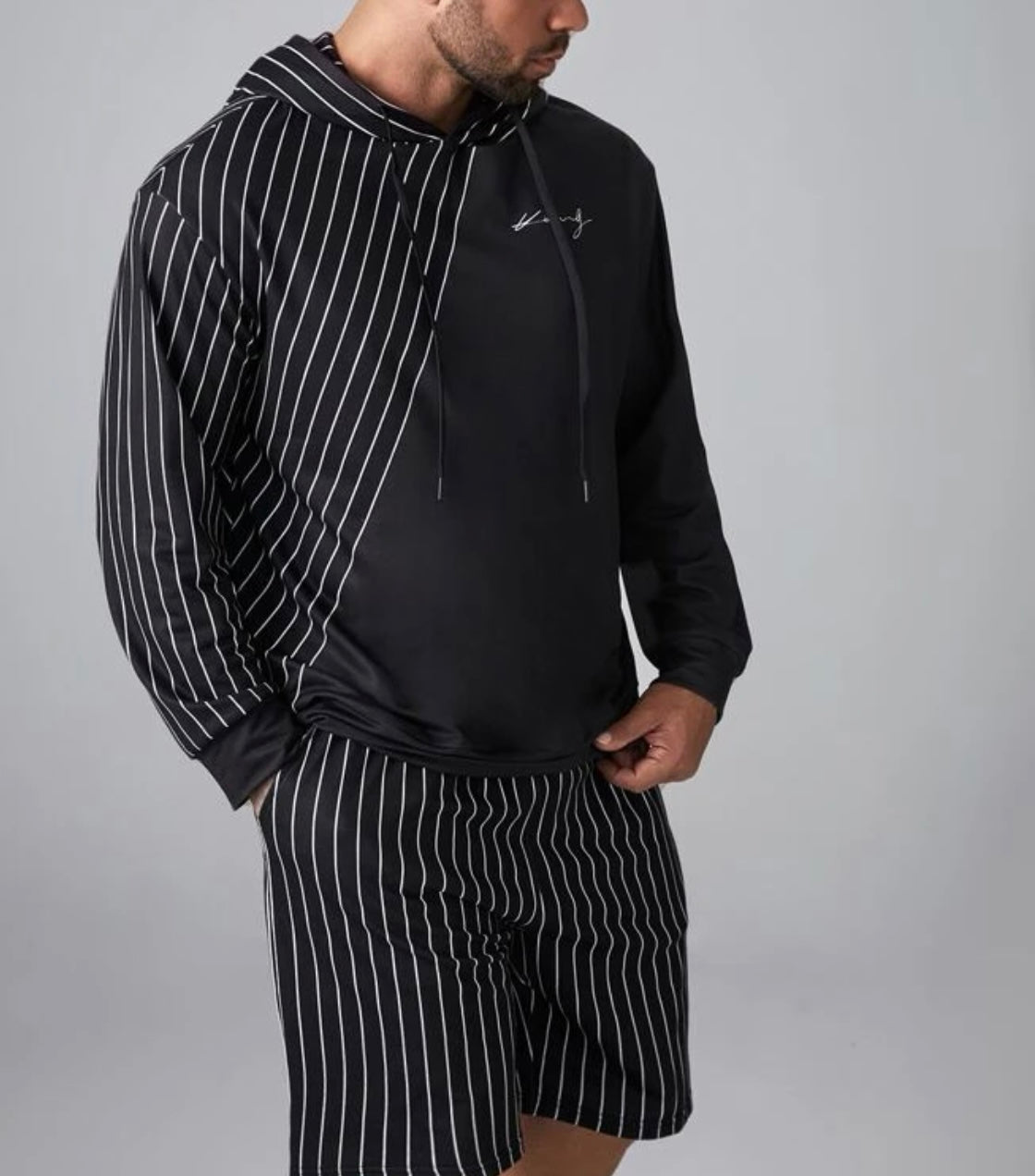 Extended sizes men letter graphic striped panel drawstring hoodie & shorts set