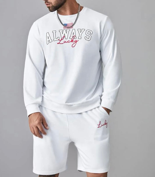 Extended sizes men letter & flag print sweatshirt & shorts set