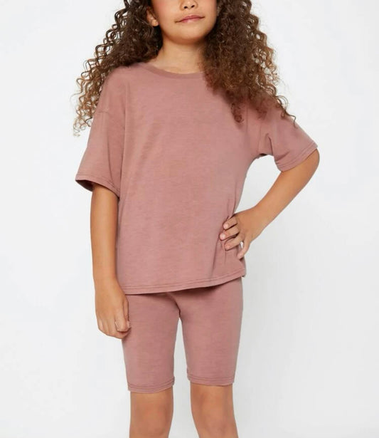 Girls redwood color solid drop shoulder tee & biker shorts set