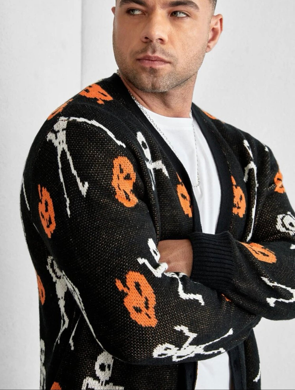 Men’s extended size Halloween Pumpkin & Skeleton Pattern Cardigan