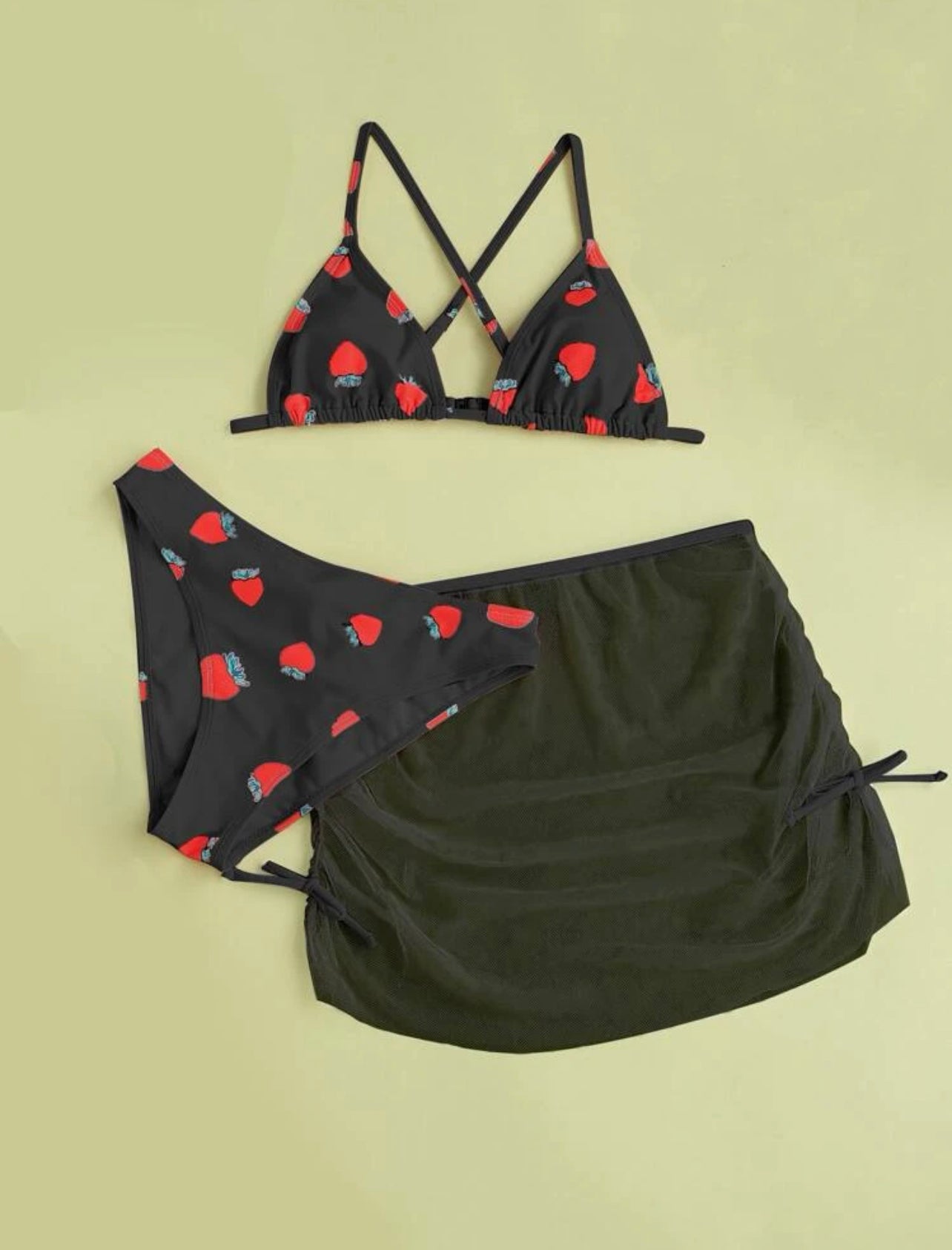 Teen Girls 3pack Strawberry Print Drawstring Bikini Swimsuit