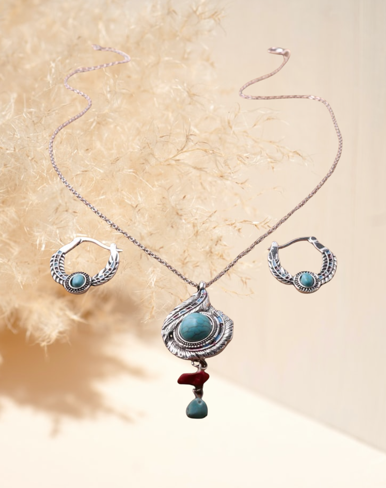 Turquoise and coral inspired Stone decor hoop earrings and necklace