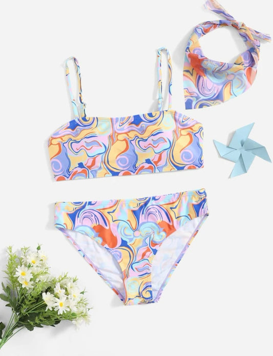 Teen Girls Allover Print Bikini Swimsuit With Scarf