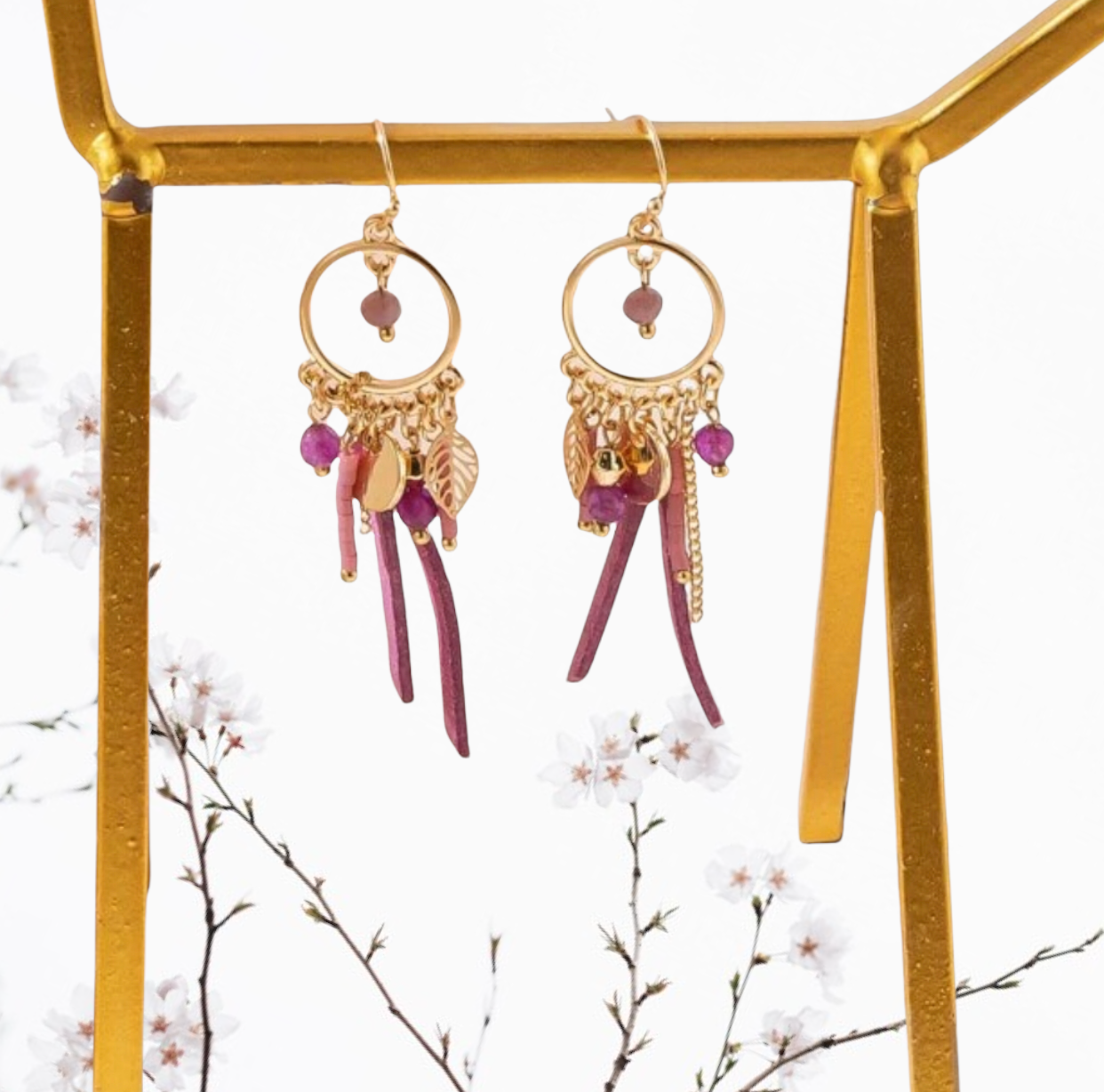 Leaf & disc drop earrings