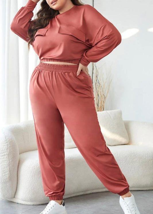 Plus softness drop shoulder elastic waist sports set