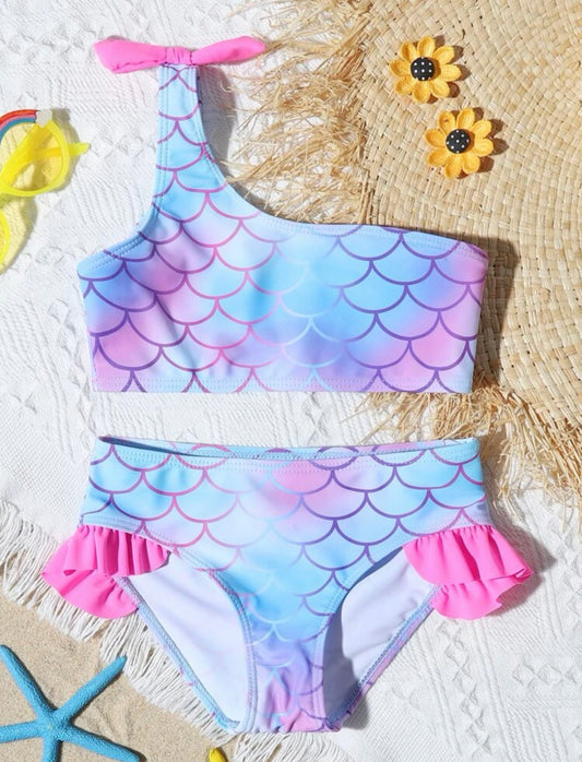 Multicolor toddler girls fish scale print one shoulder bikini swimsuit