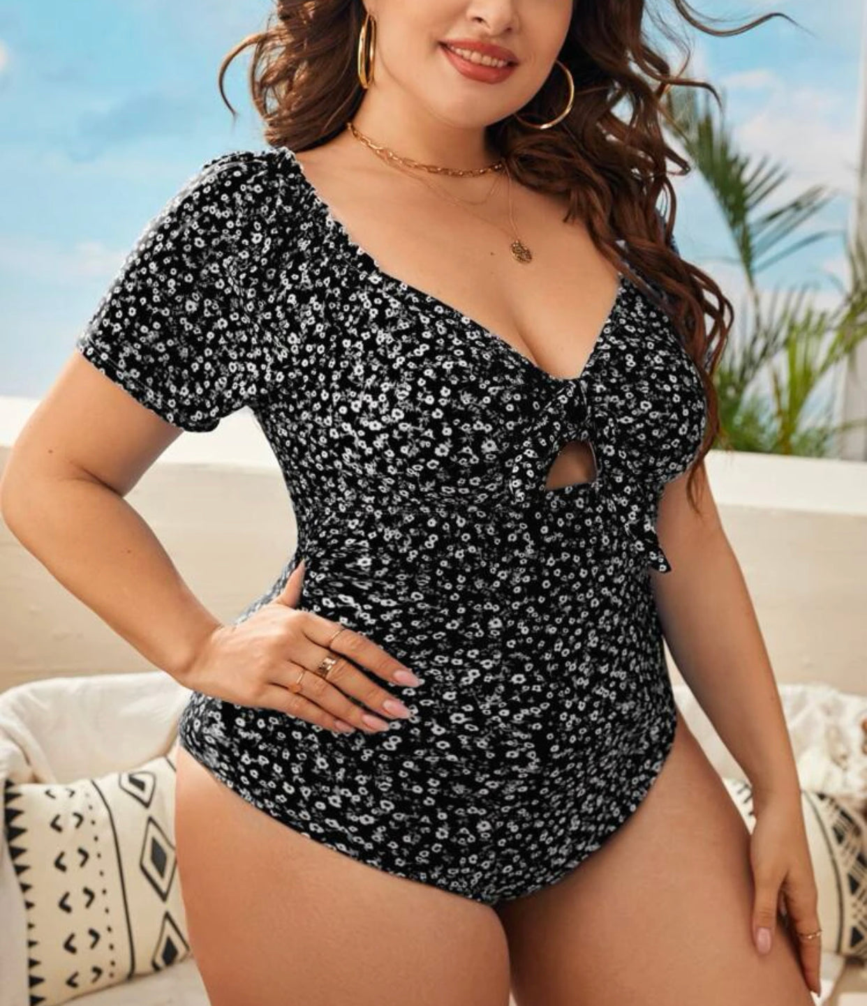 Curve & Plus floral print knot front one piece swimsuit