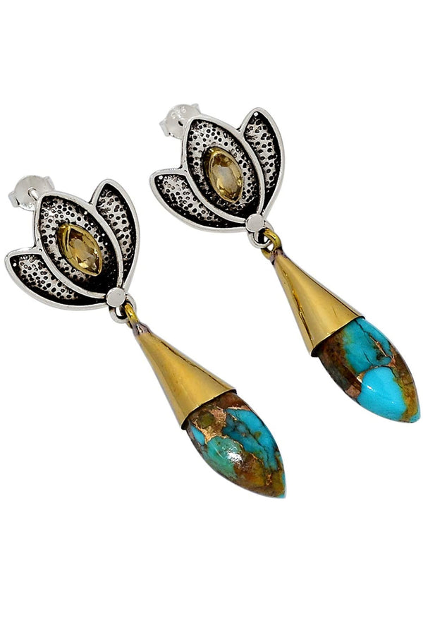 Two Tone Lotus - Basalt Turquoise 925 Sterling Silver Earrings