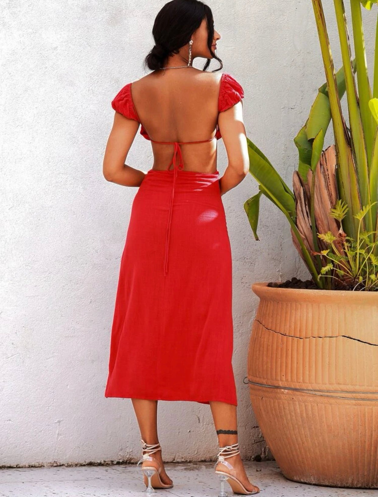 Red off shoulder tied open back dress