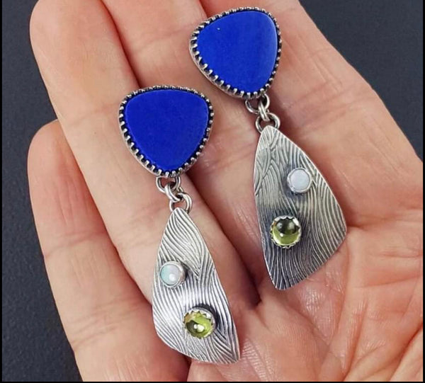 Unique blue abstract design peridot and Pearl dangle earrings - Christina’s unique boutique LLC