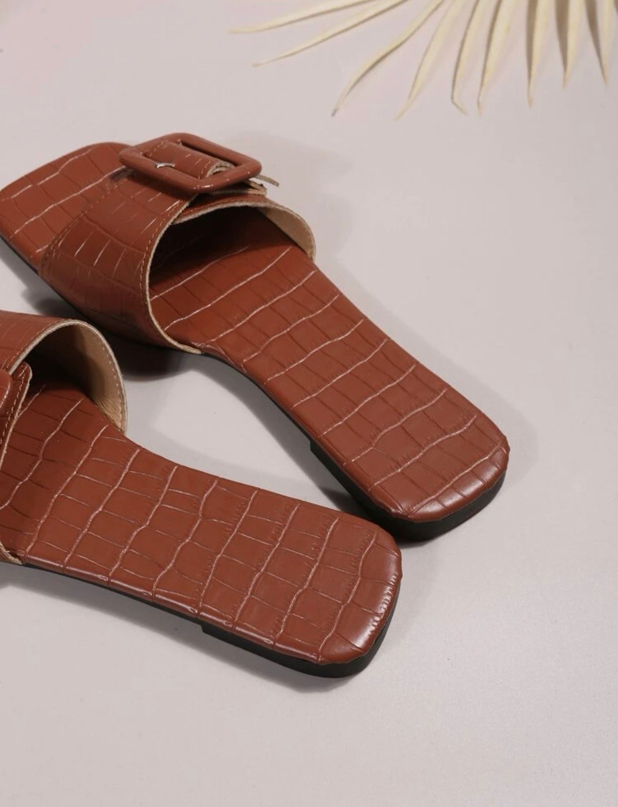 Brown vegan crocodile embossed buckle  decor slide sandals