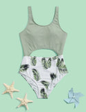 Teen Girls Plant Print Cut Out One Piece Swimsuit