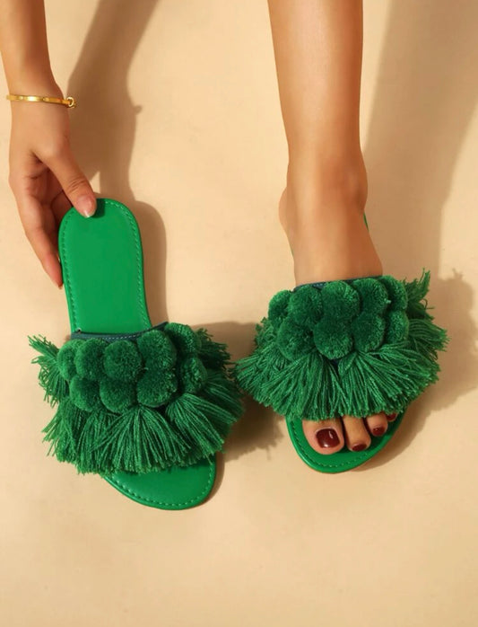 Green tassel & Pom Pom decor slide sandals