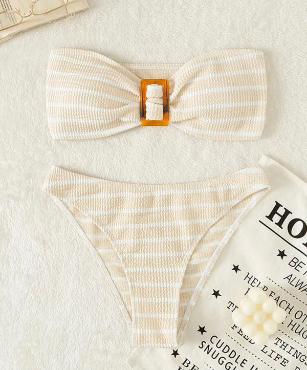 Khaki striped textured bandeau bikini swimsuit