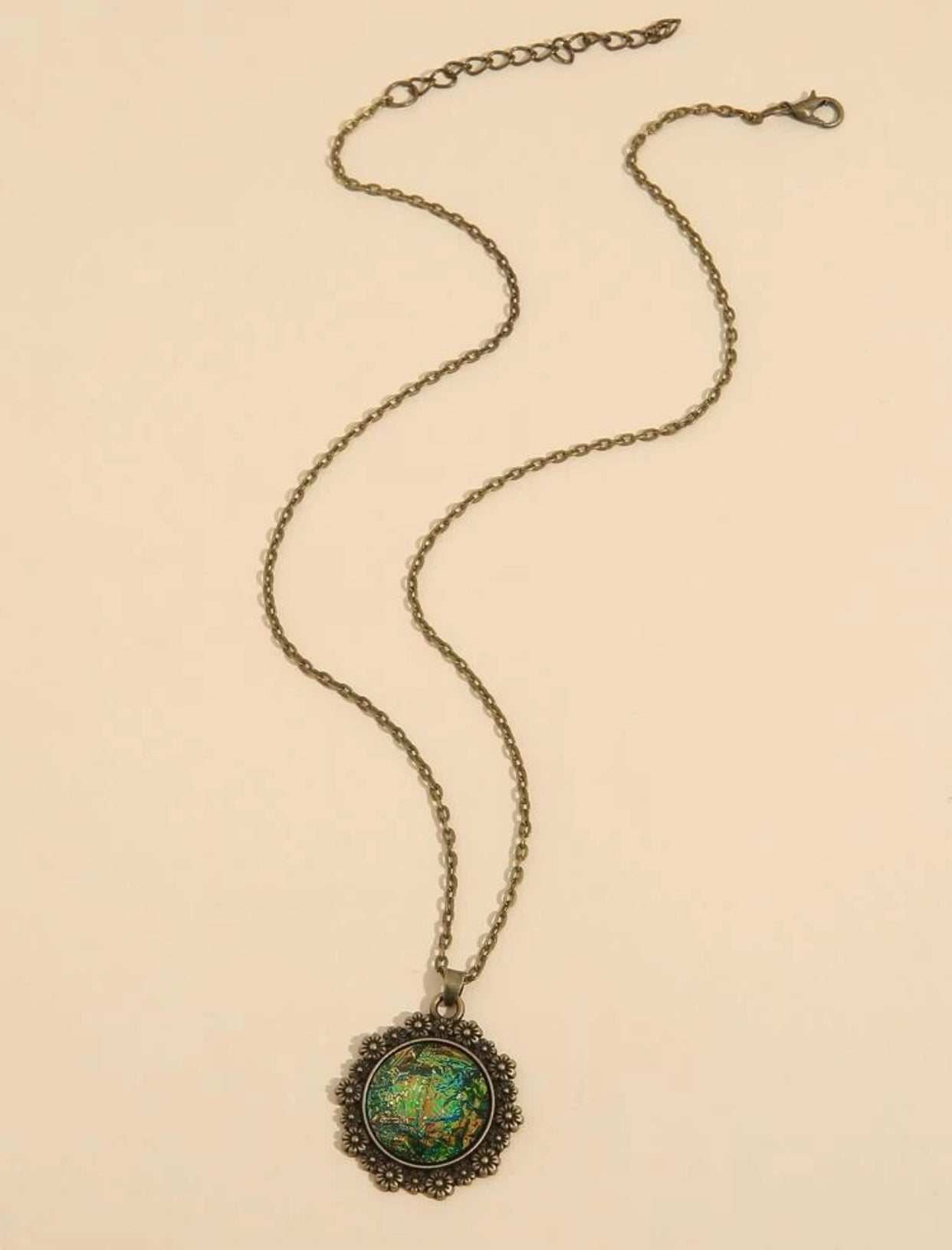 Rainbow Opal inspired flower detail round charm necklace