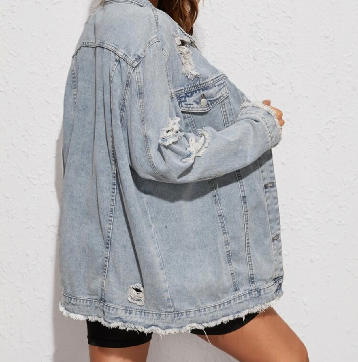 Light wash raw hem ripped longline denim jacket - Christina’s unique boutique LLC