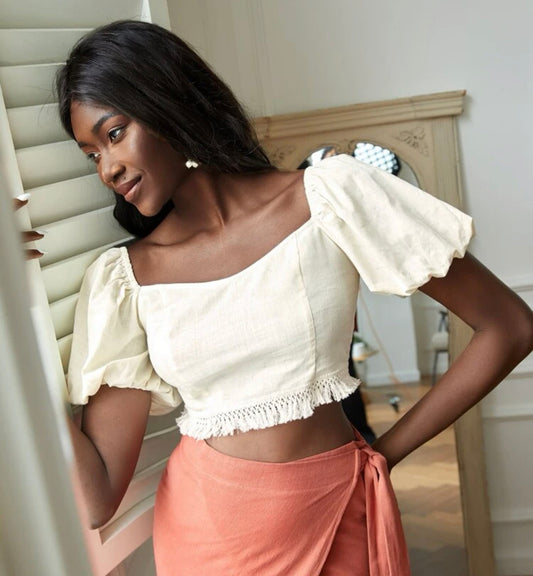 Puff sleeve lace up back tassel hem blouse