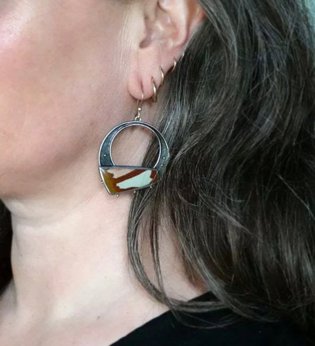 Tribal Geometric Colorful Painting Stone Earrings Vintage Jewelry Hollow Black Metal Antique Two Tone Drop Earrings