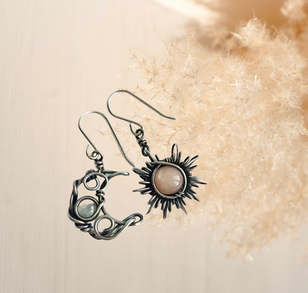 Wire design, asymmetric moon and sun dangle earrings