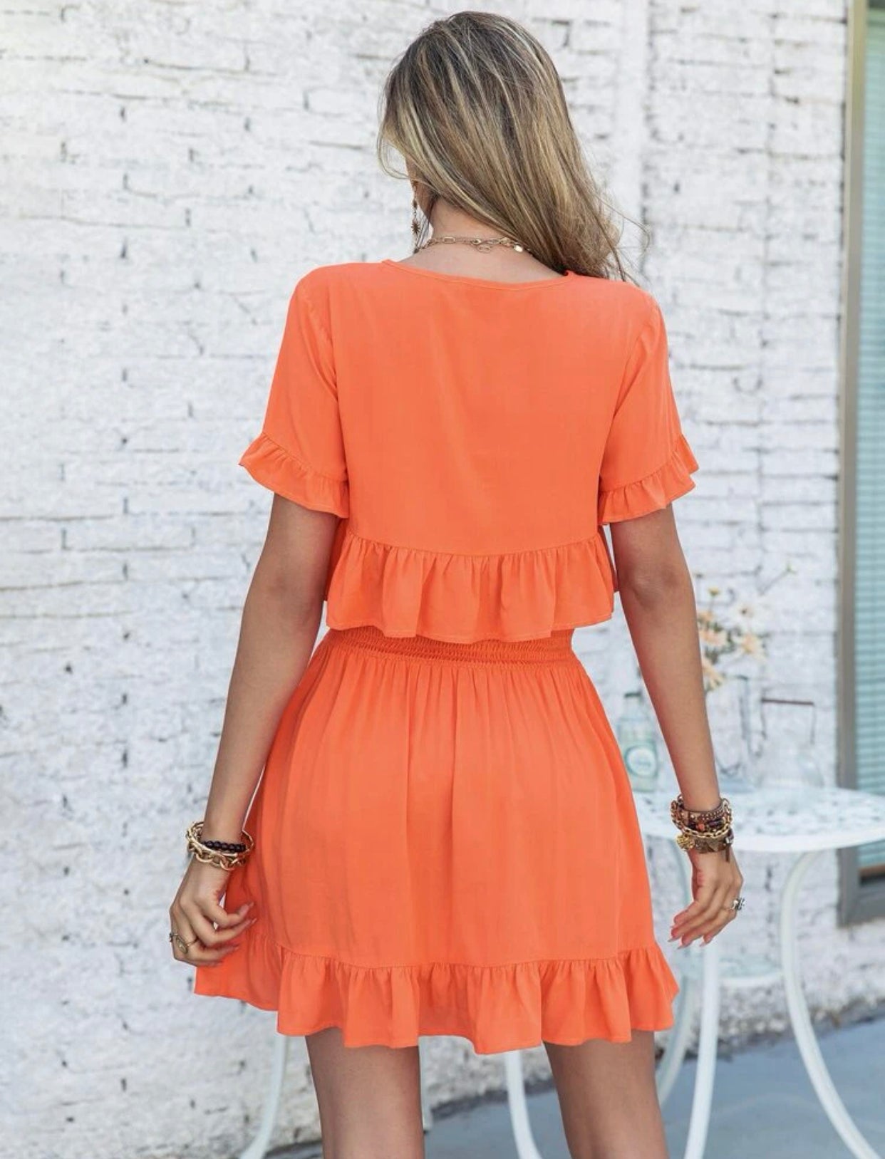 Flounce sleeve ruffle hem crop top & skirt set