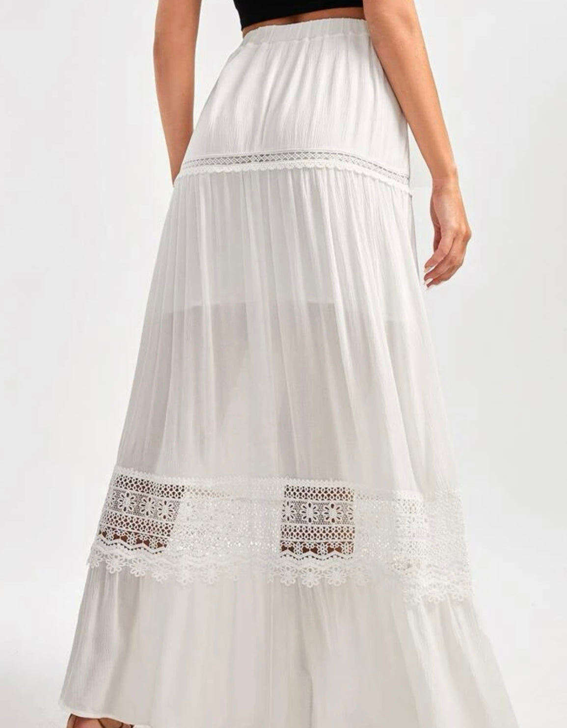 Tall high waist guipure lace insert ruffle hem skirt