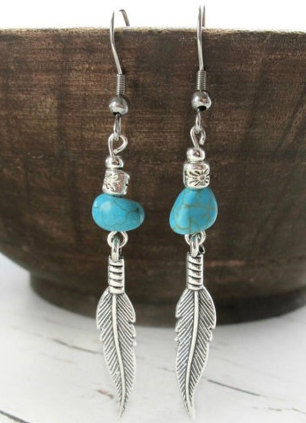 Rustic feather, turquoise decor dangle earrings