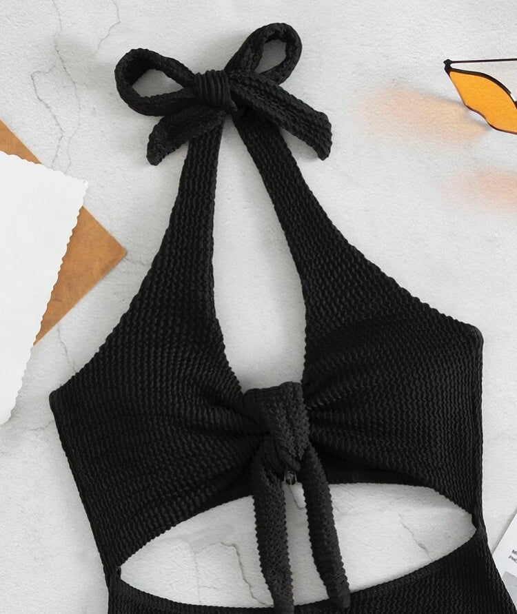Textured cut-out halter one piece swimsuit