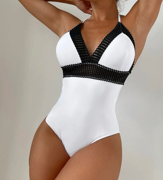 Colorblock hollow out knot back halter one piece swimsuit