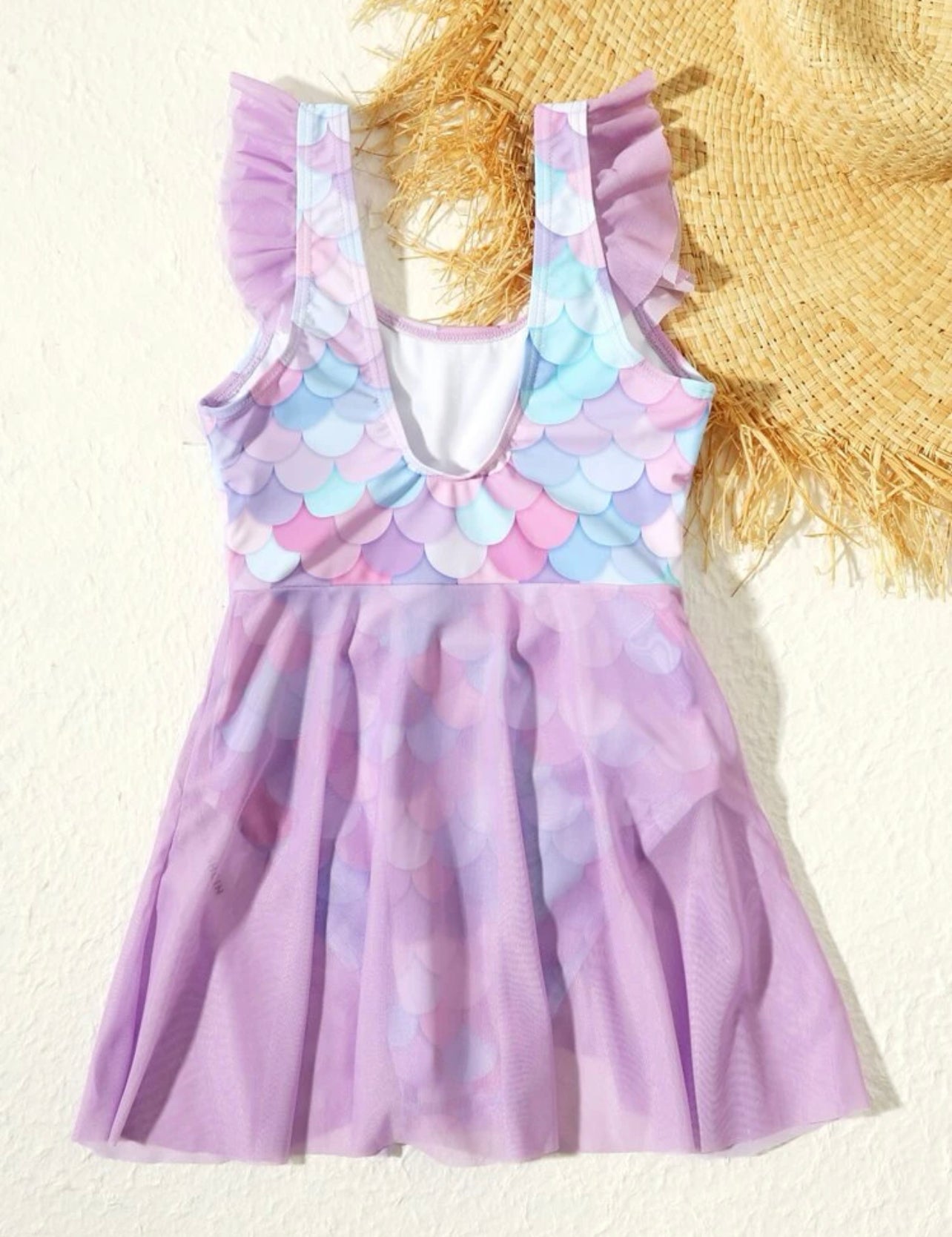 Girls Fish Scale Print Ruffle One Piece Swimsuit