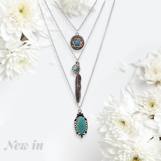 Multi Layered Chain Turquoise Stone Flower Metal Feather Pendant Necklace
