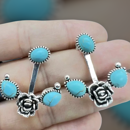 Turquoise Earrings, Turquoise Floral Earrings Silver color Boho Southwestern earrings