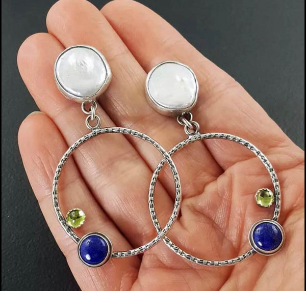 Tribal inspired round, peridot ms sapphire stone mother of Pearl hoop earrings - Christina’s unique boutique LLC