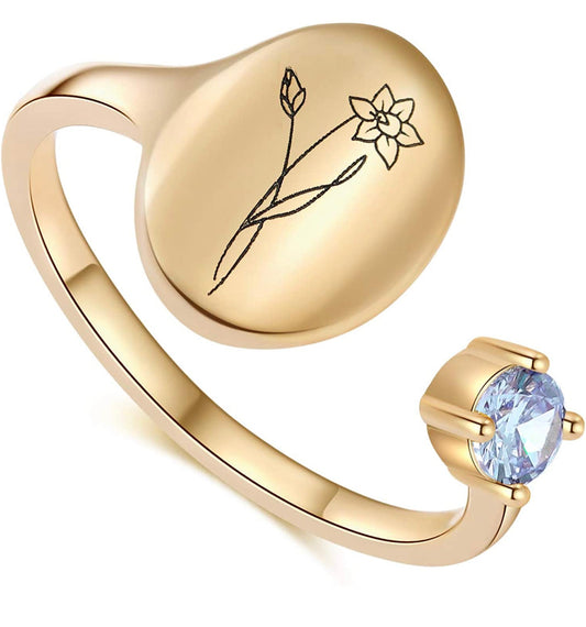 Handmade Birth Month Flower Signet 14K Gold Plated Ring Birth Stone Ring