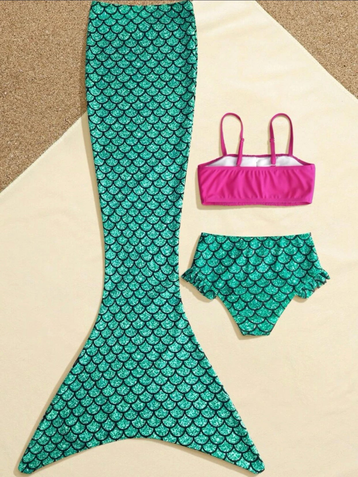 Girls fish scales frill trim bikini swimsuit with mermaid tail cover up