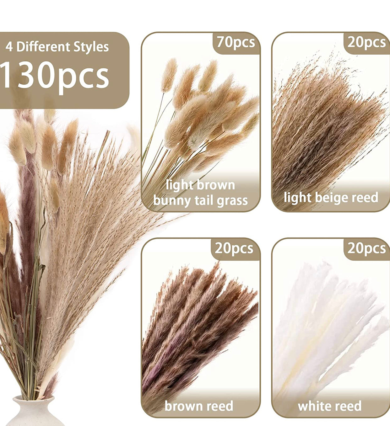 Pampas Grass, 130PCS Dried Pampas Grass Bunny Tail Grass Reed Boho Decor