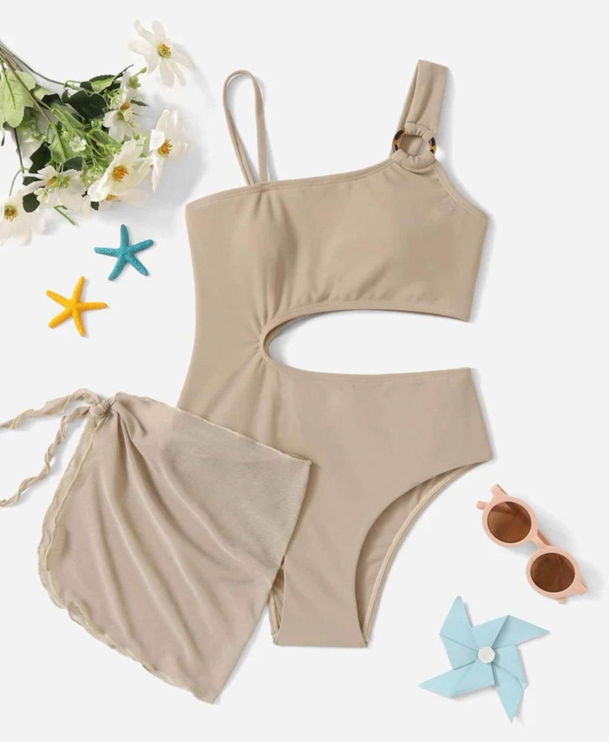 Girls cut-out one piece swimsuit with beach skirt
