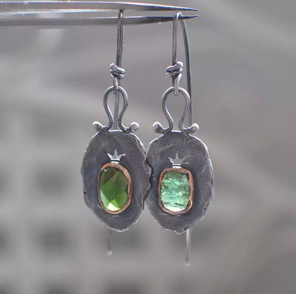 Vintage Tribal Green Stone Inlaid Earrings