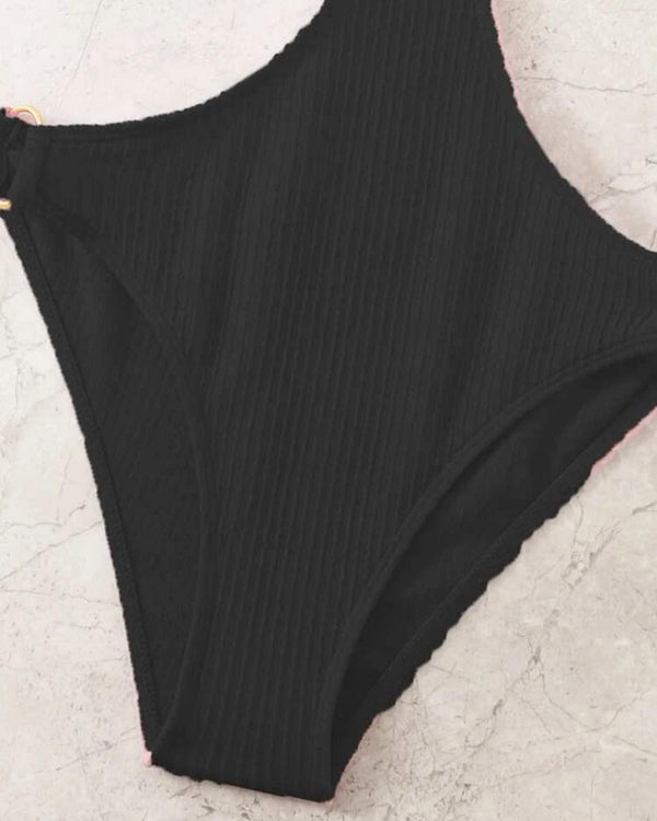 Textured ring linked cut-out one piece swimsuit