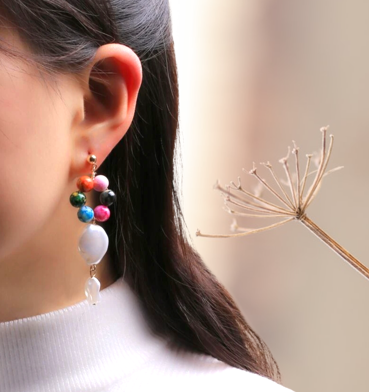 Faux pearl mismatched drop earrings